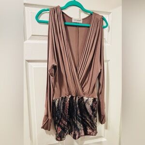 5th Culture Bronze/Tan Long-Sleeve V-Neck Dress/Top with Sequin Skirt Panel